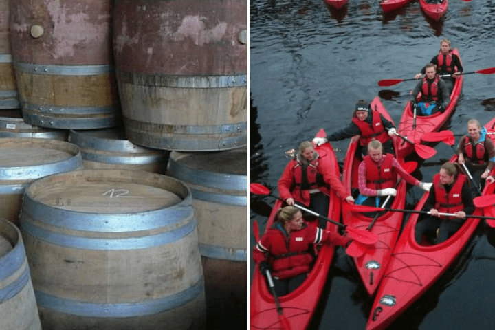 a group of people in front of a barrel