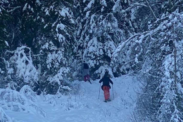 a group of people walking in the snow