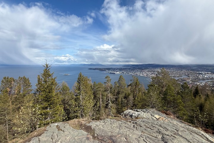 Scenic view of a coastal city, forest, and mountains under a partly cloudy sky.